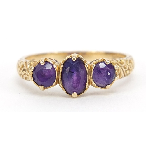 170 - Antique design 9ct gold purple stone ring with ornate setting, size M, 2.3g