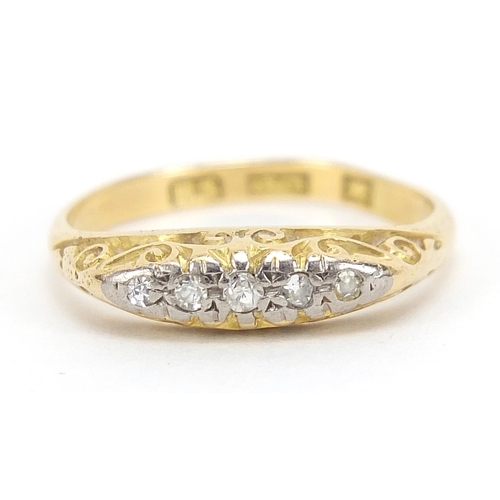 803 - 18ct gold diamond five stone ring with ornate setting, size M, 3.0g