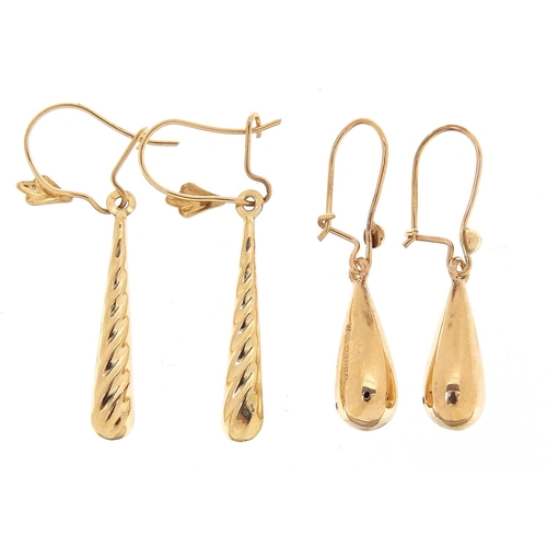 661 - Two pairs of 9ct gold drop earrings, the largest 3.5cm high, total 2.0g