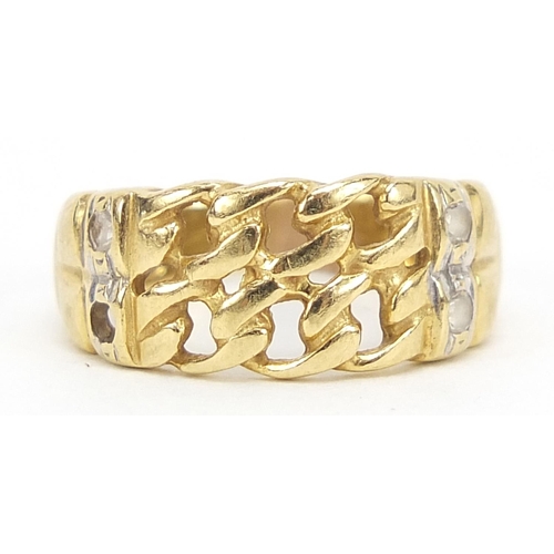 551 - Unmarked gold chain link design ring set with clear stones, (tests as 18ct gold) size O, 3.0g