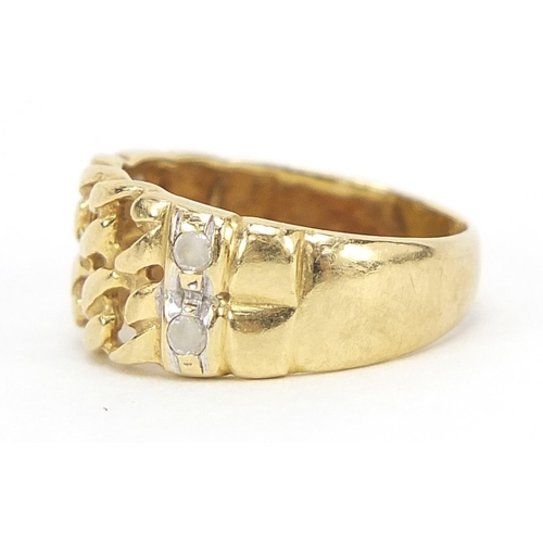 551 - Unmarked gold chain link design ring set with clear stones, (tests as 18ct gold) size O, 3.0g