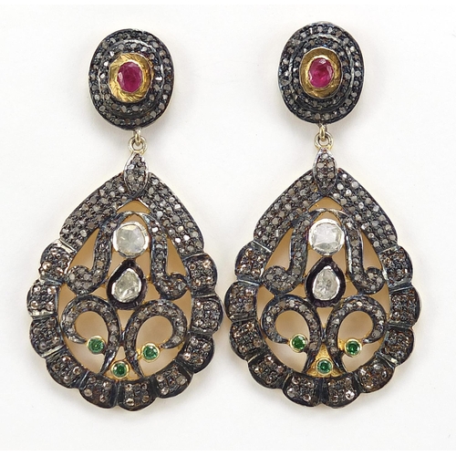 1061 - Pair of Indian antique design silver gilt multi gem earrings set with diamonds, rubies and green sto... 