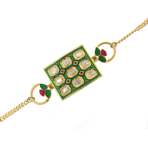 503 - Islamic silver gilt, diamond and enamel bracelet, 18cm in length, 20.8g