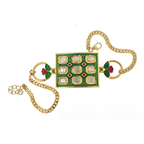 503 - Islamic silver gilt, diamond and enamel bracelet, 18cm in length, 20.8g