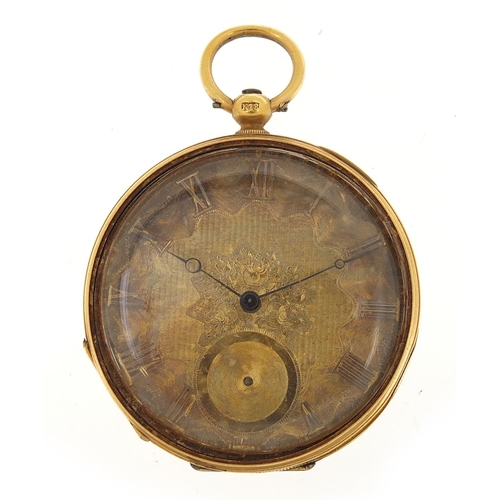 419 - Continental 18ct gold pocket watch with ornate dial, 41.0mm in diameter, 40.8g