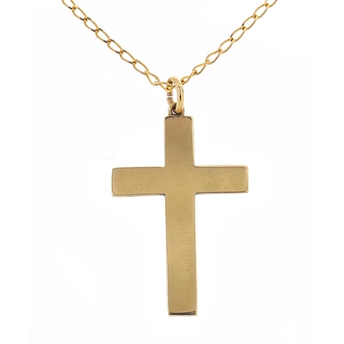 215 - 9ct gold cross pendant on a 9ct gold necklace, 2.8cm high and 44cm in length, total 3.8g