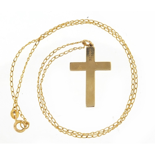 215 - 9ct gold cross pendant on a 9ct gold necklace, 2.8cm high and 44cm in length, total 3.8g