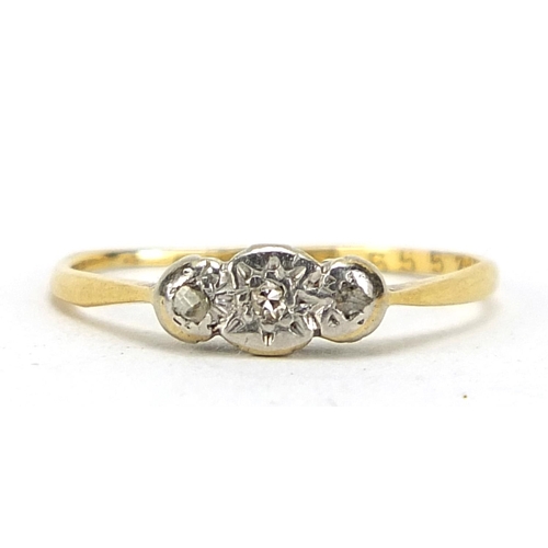 1030 - 18ct gold and platinum diamond three stone ring, size I, 1.1g