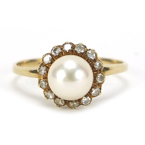 506 - 9ct gold pearl and diamond ring, size L, 2.1g