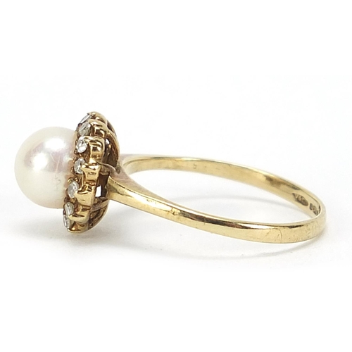 506 - 9ct gold pearl and diamond ring, size L, 2.1g