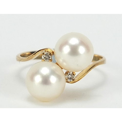 495 - 18ct gold cultured pearl and diamond crossover ring, size L, 2.3g