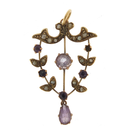 739 - Art Nouveau 9ct gold amethyst and seed pearl pendant, 3.8cm high, 1.6g