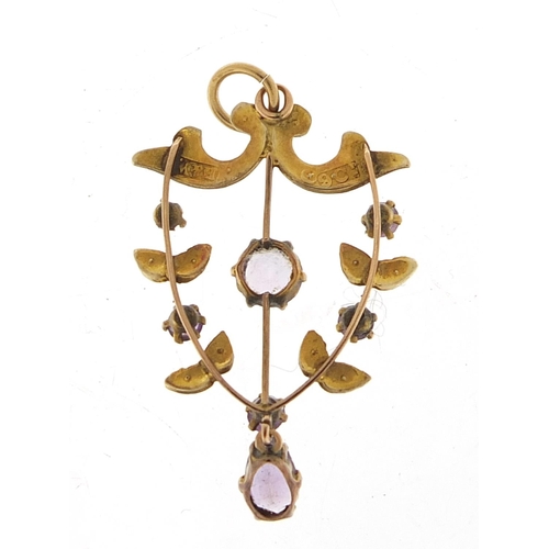 739 - Art Nouveau 9ct gold amethyst and seed pearl pendant, 3.8cm high, 1.6g