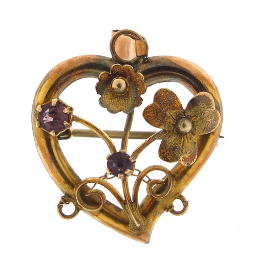 543 - Art Nouveau 9ct gold amethyst love heart brooch pendant, 3cm high, 2.3g