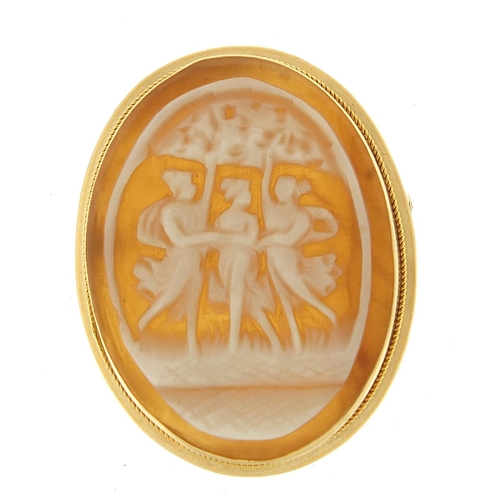 383 - 14ct gold cameo brooch pendant depicting Three Graces, 4cm high, 4.5g