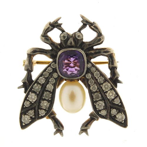 308 - Antique diamond amethyst and cultured pearl fly brooch, 3.2cm in length, 8.8g