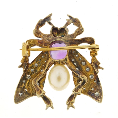 308 - Antique diamond amethyst and cultured pearl fly brooch, 3.2cm in length, 8.8g