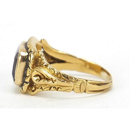 59 - Georgian gold garnet ring with ornate setting, London 1824, size K, 3.2g