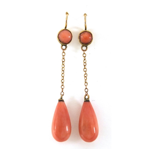 63 - Pair of antique unmarked gold pink coral drop earrings, housed in a Reid & Sons tooled leather box, ... 