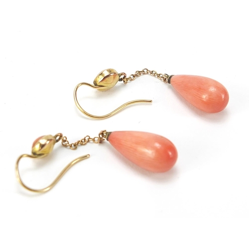 63 - Pair of antique unmarked gold pink coral drop earrings, housed in a Reid & Sons tooled leather box, ... 