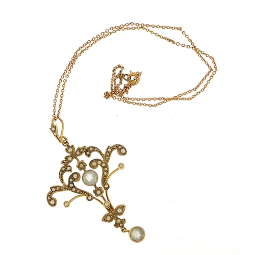 94 - Art Nouveau 9ct gold aquamarine and seed pearl pendant on a 9ct gold necklace, housed in a Bowden & ... 