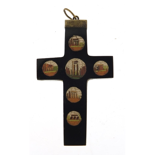 694 - Italian micro mosaic cross pendant depicting Roman ruins, 5.2cm high, 11.3g