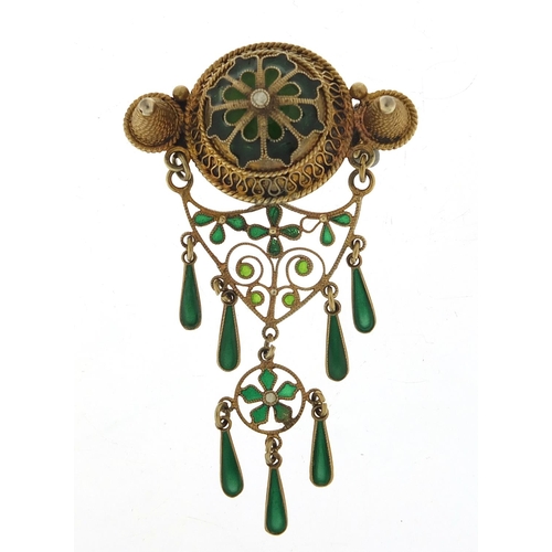 1113 - Marius Hammer, Norwegian silver gilt and enamel brooch, 6cm high, 8.0g