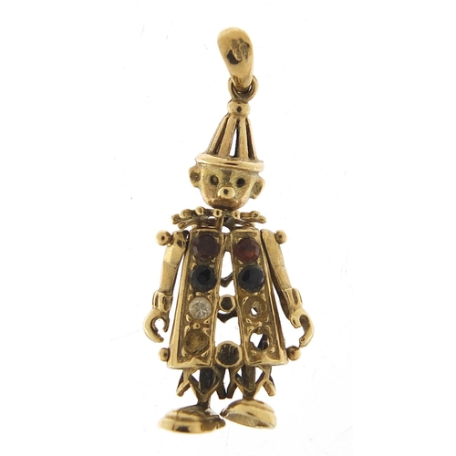 812 - 9ct gold multi gem Pierrot pendant with articulated limbs, 3cm high, 1.9g