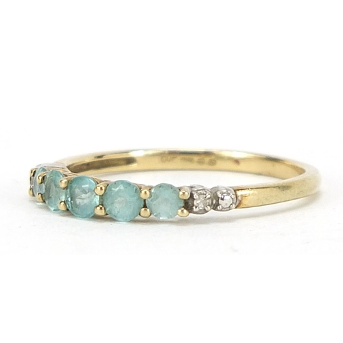 504 - 9ct gold blue zircon and diamond half eternity ring, size L, 1.2g