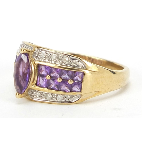 175 - 9ct gold amethyst diamond cocktail ring, size N, 3.6g