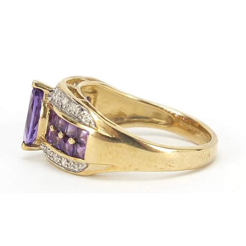 175 - 9ct gold amethyst diamond cocktail ring, size N, 3.6g