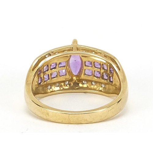 175 - 9ct gold amethyst diamond cocktail ring, size N, 3.6g