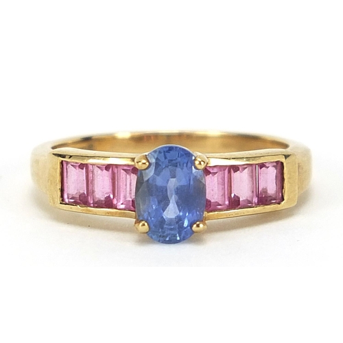 740 - 9ct gold blue and pink stone ring, size M, 3.4g