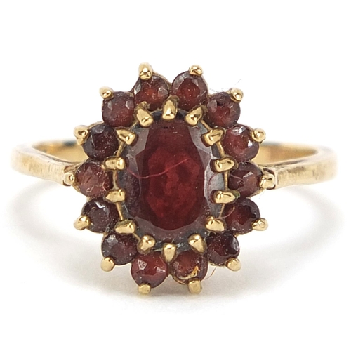 1025 - 9ct gold garnet cluster ring, size M, 3.2g