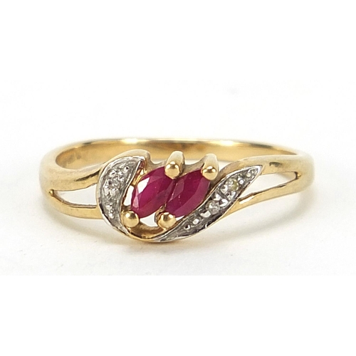 915 - 9ct gold ruby and diamond crossover ring, size K/L, 1.5g