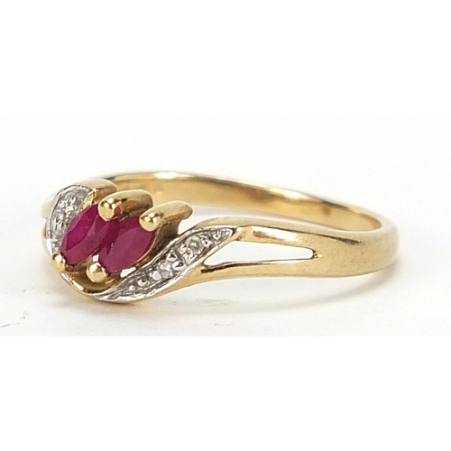 915 - 9ct gold ruby and diamond crossover ring, size K/L, 1.5g