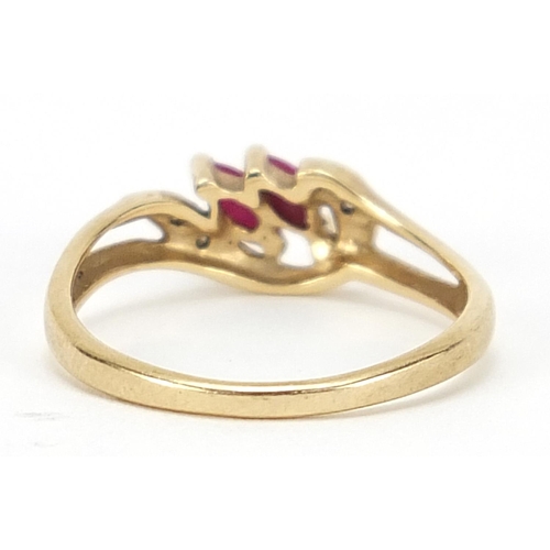 915 - 9ct gold ruby and diamond crossover ring, size K/L, 1.5g