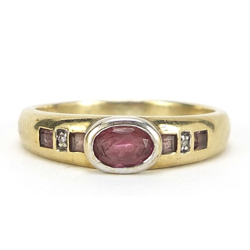 168 - 9ct gold pink stone and diamond ring, size N, 2.8g