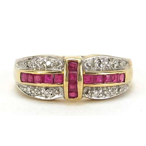 418 - 9ct gold ruby and diamond cross design ring, size M, 3.3g