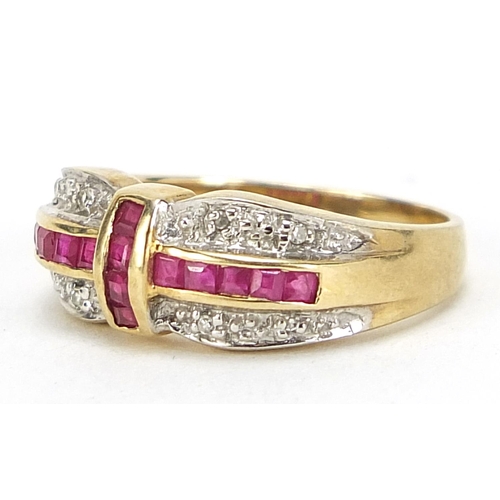 418 - 9ct gold ruby and diamond cross design ring, size M, 3.3g