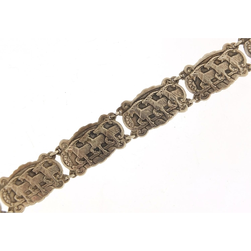 389 - 830 silver three goat design bracelet, possibly Scandinavian, 18cm in length, 36.8g