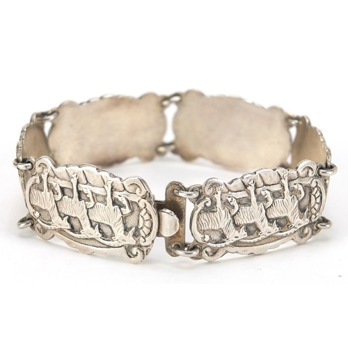 389 - 830 silver three goat design bracelet, possibly Scandinavian, 18cm in length, 36.8g