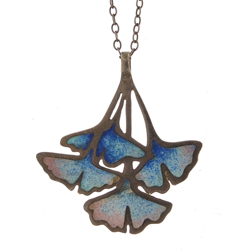 176 - Art Nouveau style unmarked silver and enamel pendant on a silver necklace, the pendant 3.5cm high, t... 