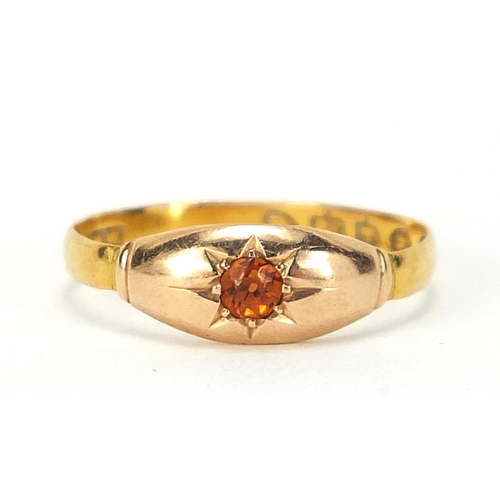 618 - Victorian 22ct gold orange stone ring, London 1885, size M, 1.7g