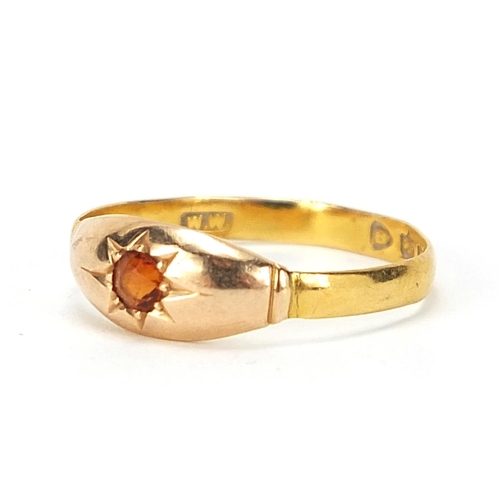 618 - Victorian 22ct gold orange stone ring, London 1885, size M, 1.7g