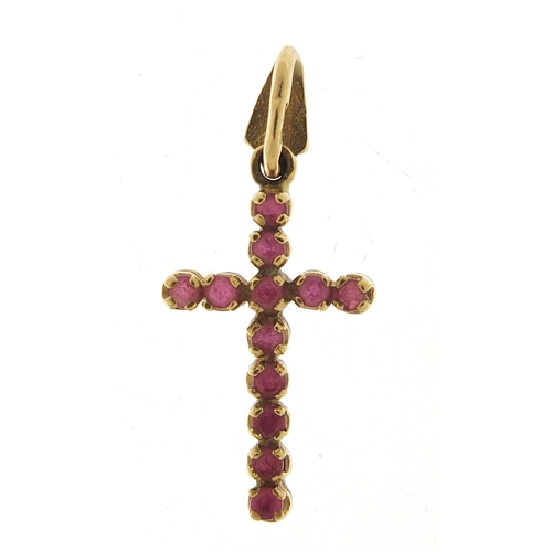 385 - 9ct gold ruby cross pendant, 3cm high, 1.7g