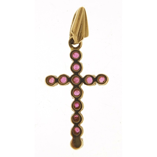 385 - 9ct gold ruby cross pendant, 3cm high, 1.7g