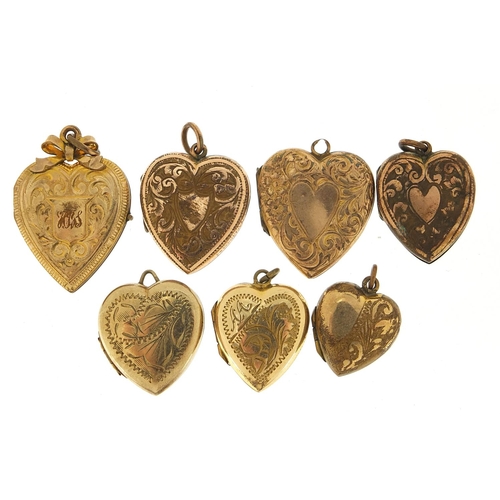 550 - Seven 9ct gold front and back and rolled gold love heart lockets, the largest 3cm high, total 24.0g