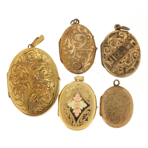 312 - Five 9ct gold front and back and rolled gold lockets, the largest 5cm high, total 36.0g