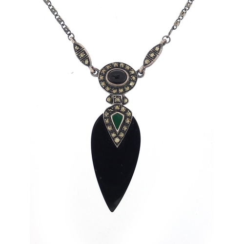 552 - Art Deco silver, onyx and marcasite necklace, 40cm in length, 8.6g